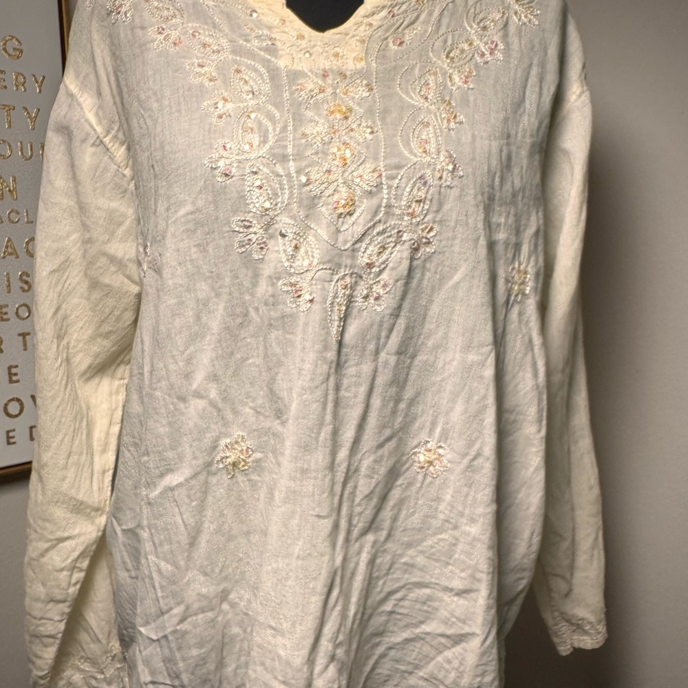 Embroidered V-Neck Cotton Tunic Blouse - Cream sequence